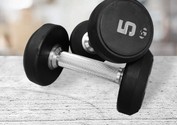 A pair of round 5lb dumbbells